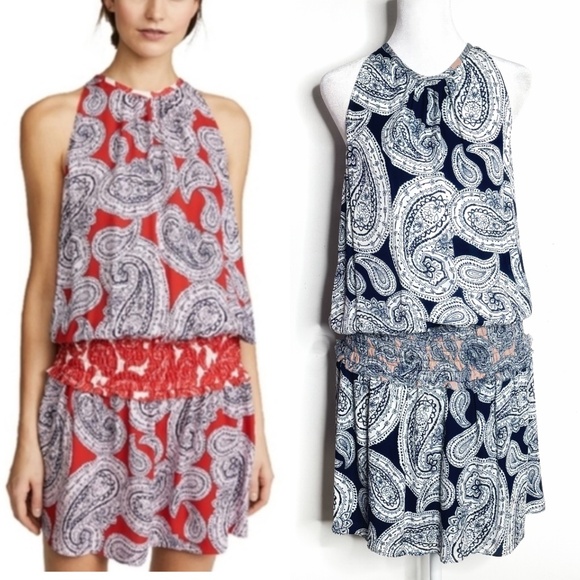 Ramy Brook Silk Dress Mini Length Navy Blue White Pink Paisley Print Drop Waist - Picture 1 of 15